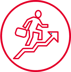 a red line drawing of a person climbing up a staircase