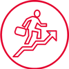a red line drawing of a person climbing up a staircase