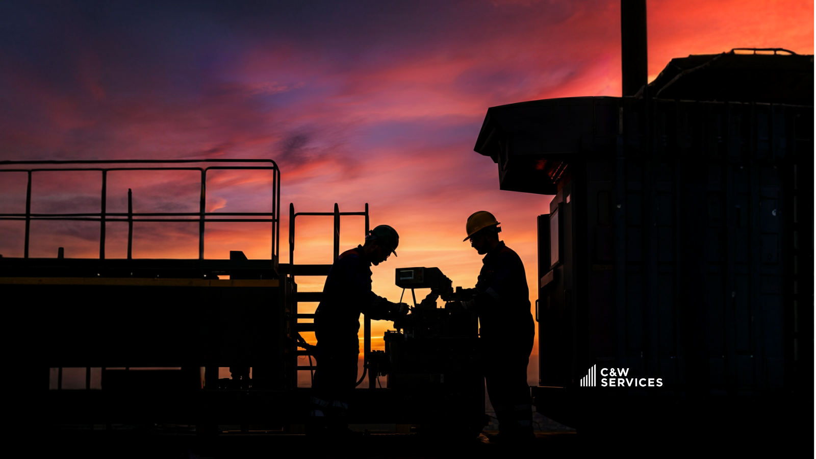 silhouette of men working on a machine