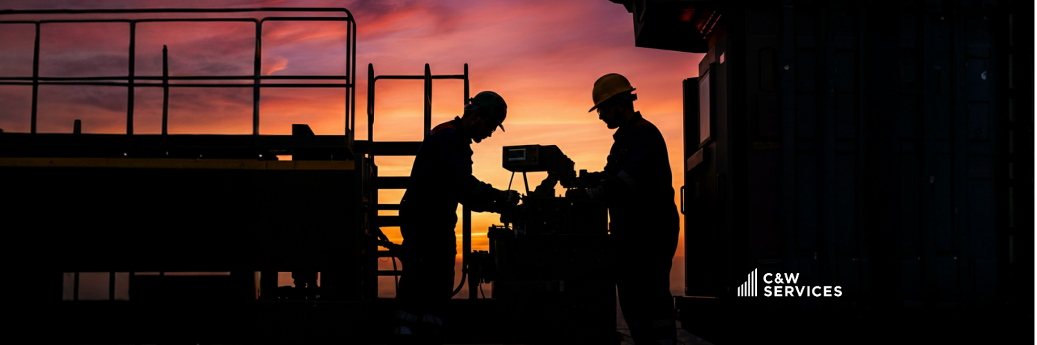 silhouette of men working on a machine