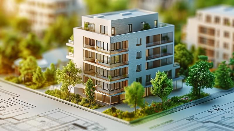 un bâtiment avec des arbres et des plans