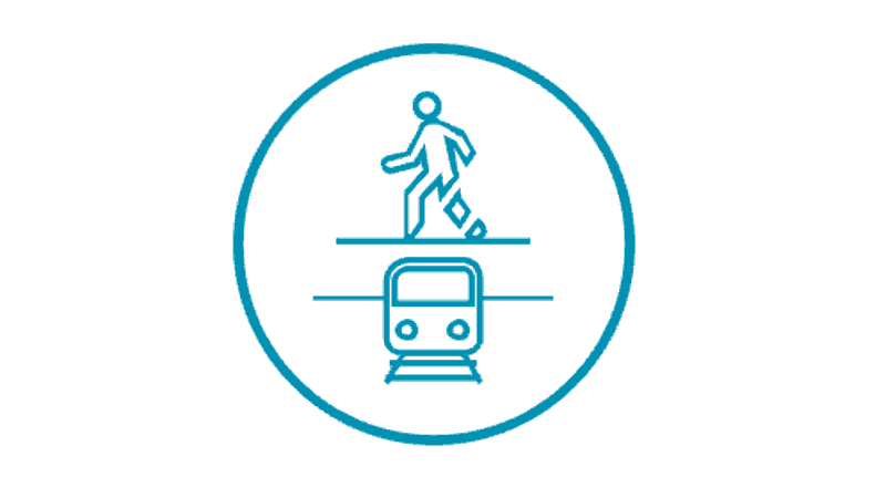 un dessin au trait bleu d’une personne marchant dans un train