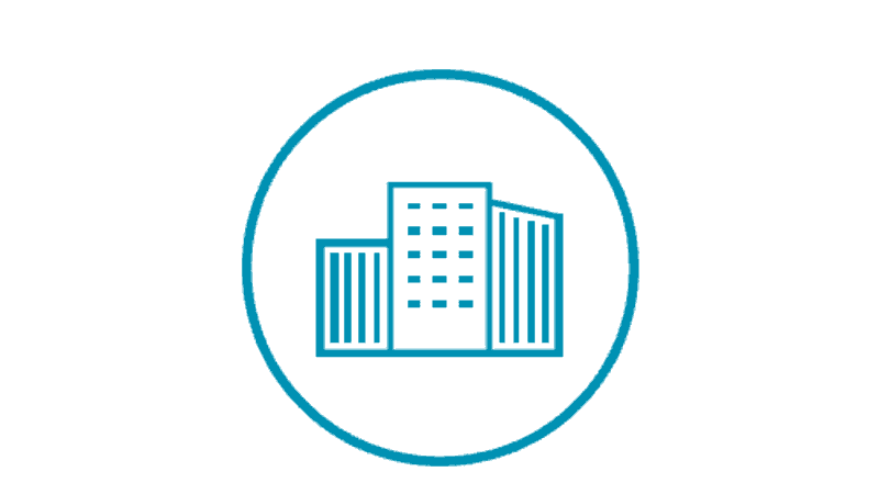 un cercle bleu avec un bâtiment à l’intérieur