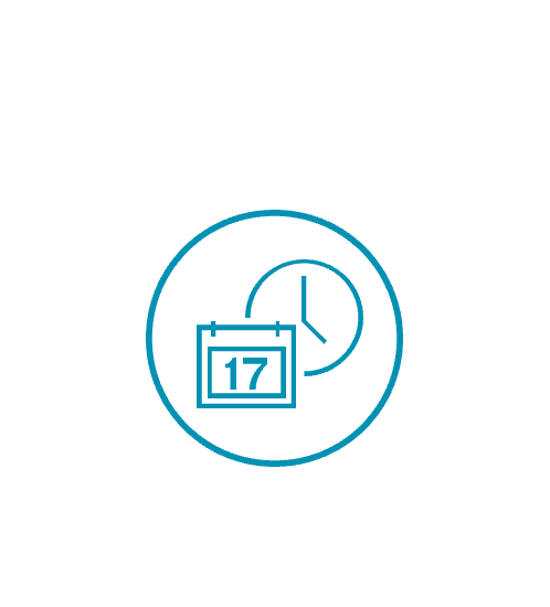 un círculo azul con un calendario y un reloj