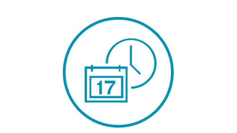 un cercle bleu avec un calendrier et une horloge