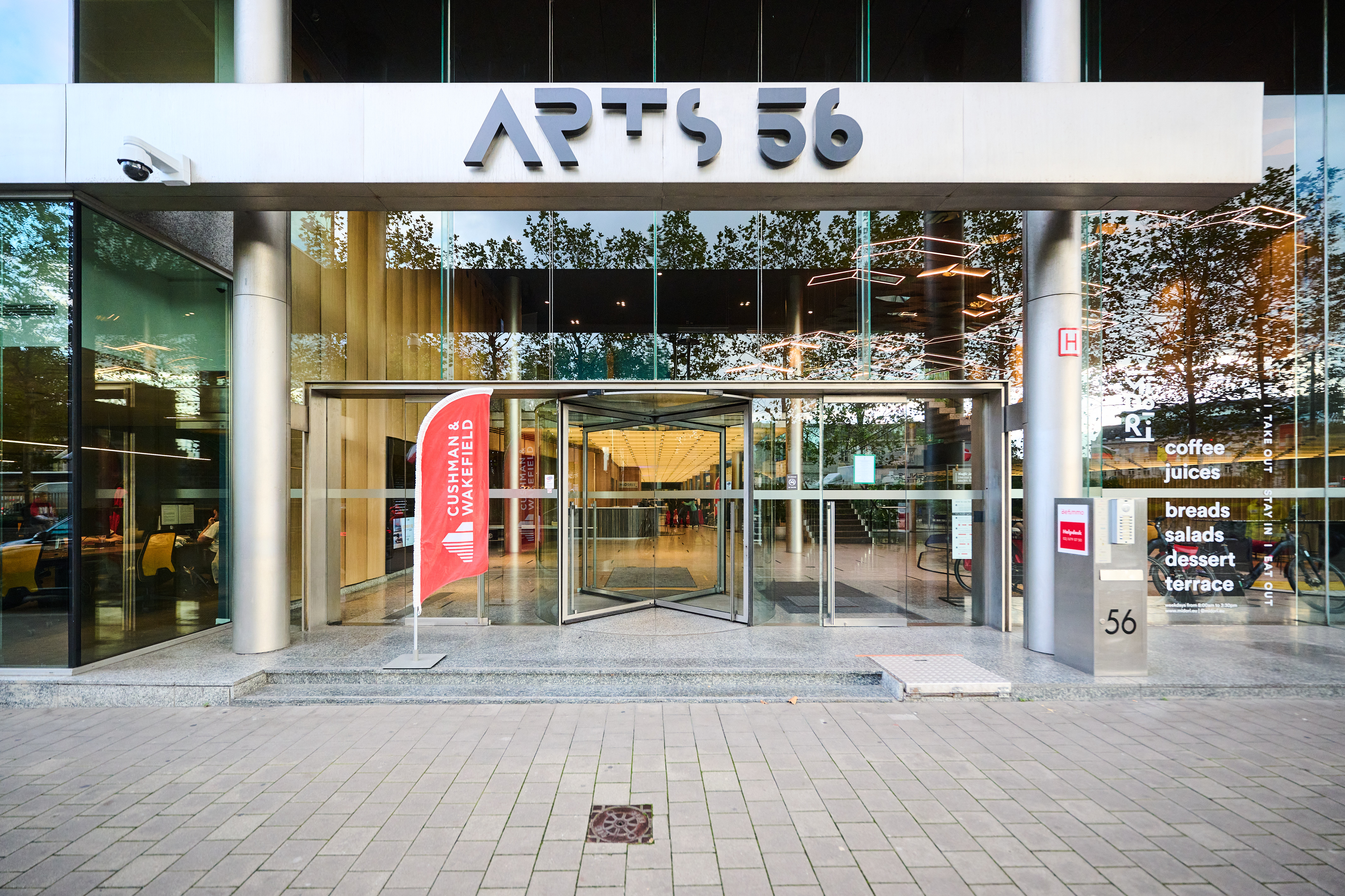 a glass entrance to a building