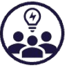 a group of people with a light bulb and a black background