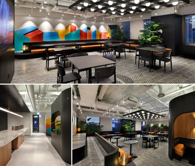 Un collage de una habitación con mesas y sillas