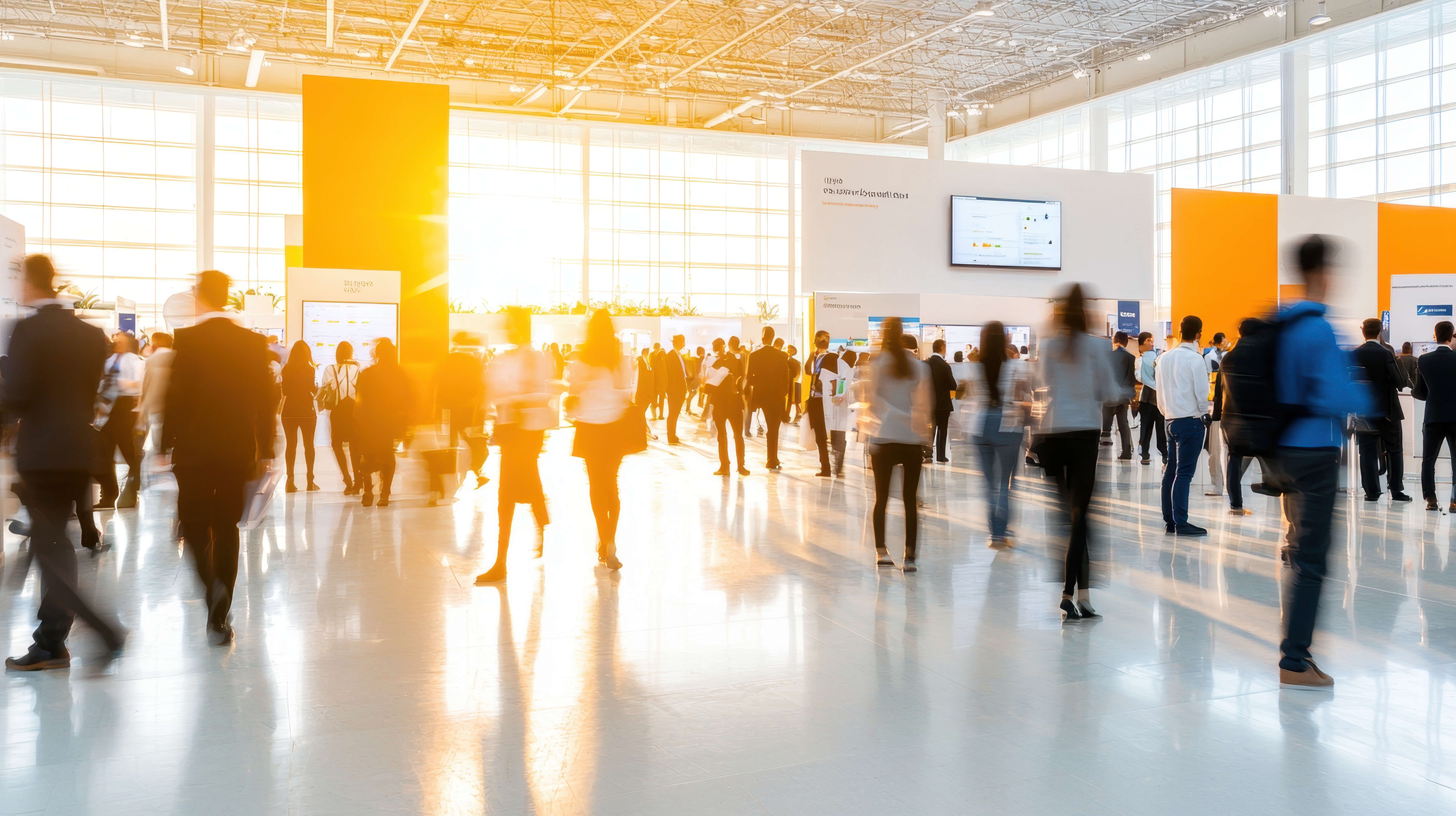 a group of people walking in a large room