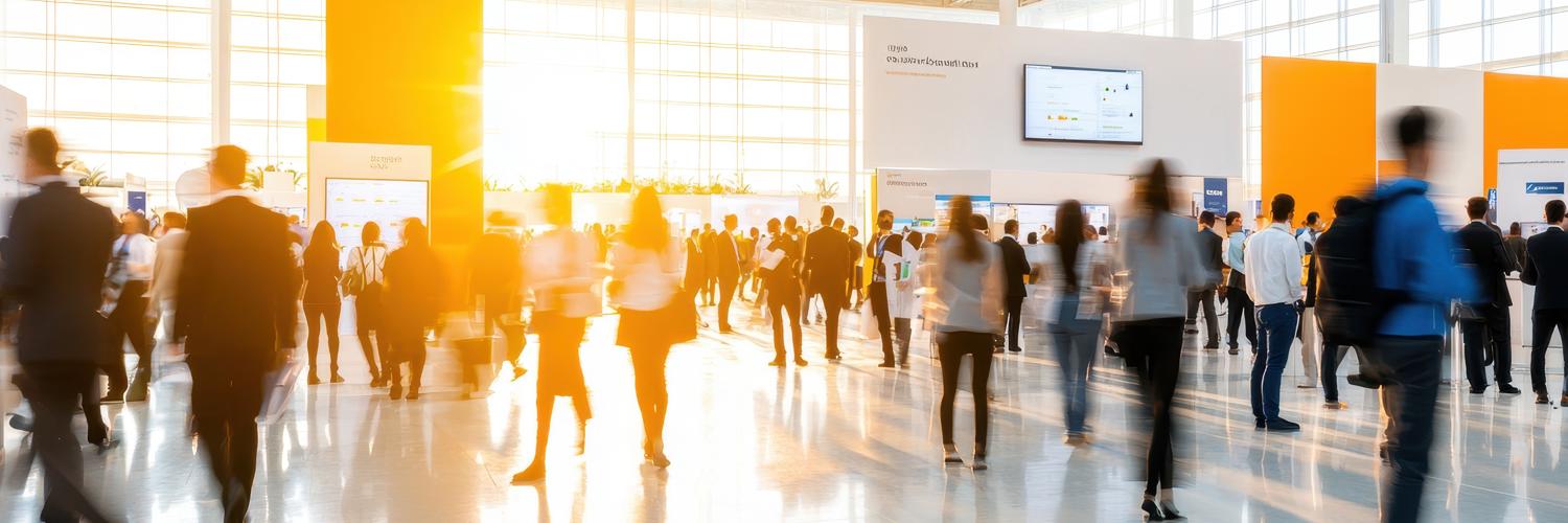 a group of people walking in a large room