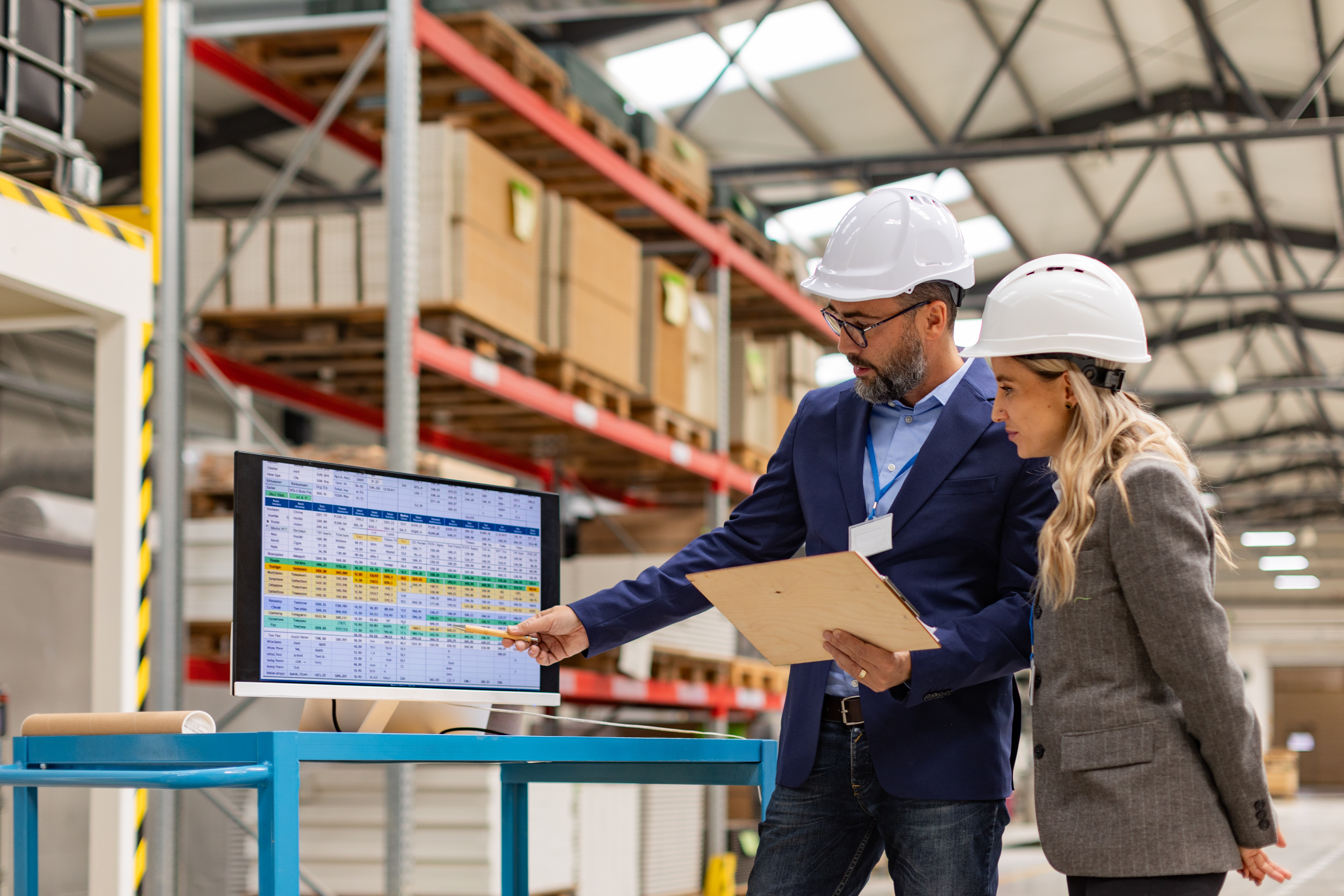 a person and person wearing hardhats looking at a computer screen
