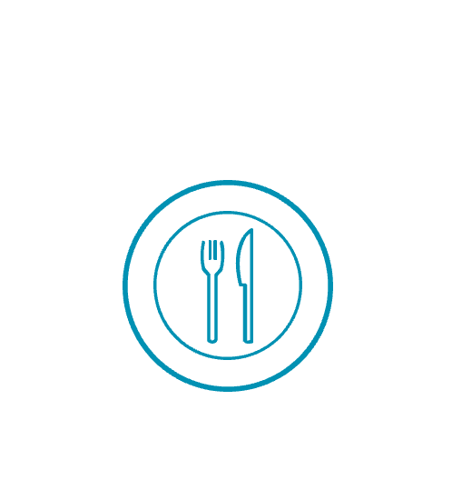 un cercle bleu avec une fourchette et un couteau à l’intérieur